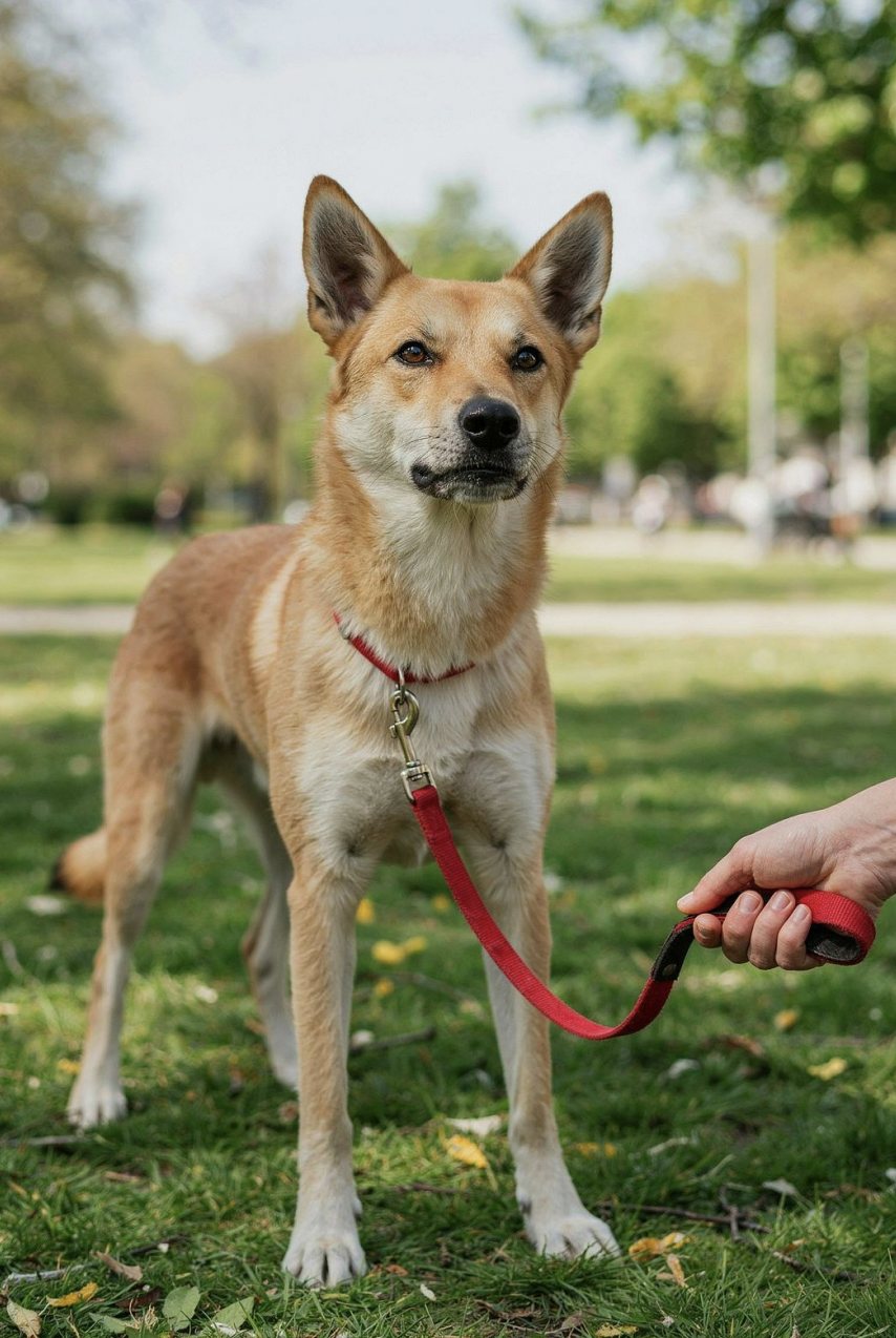 Dog on a leash in an alert posture, ears up
