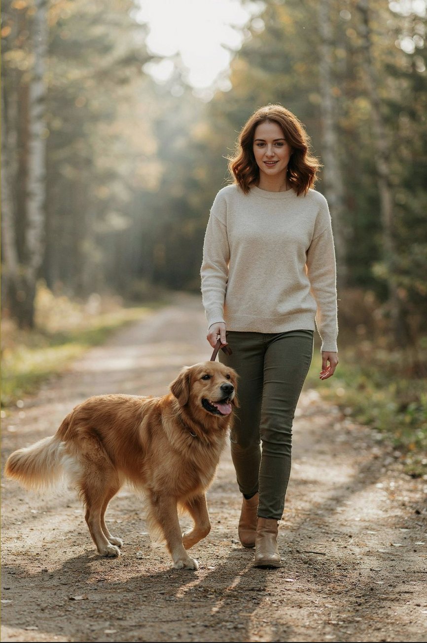 Owner walking calmly with her golden retriever on a forest path