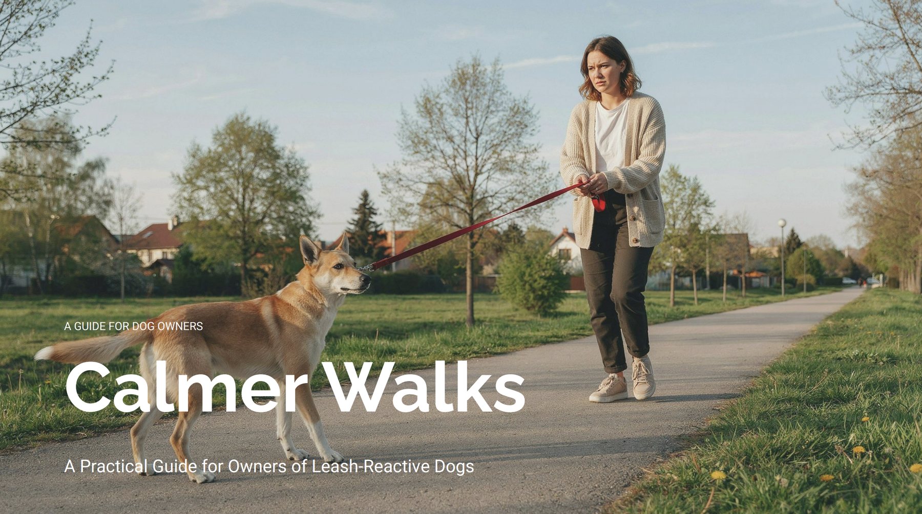 A dog pulling hard on the leash while its owner looks tense, walking through a park