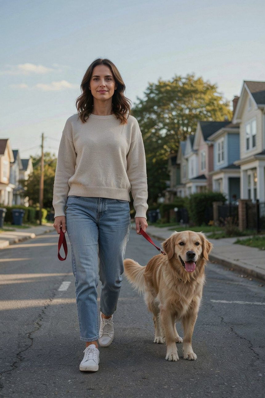 Owner walking her dog through a neighbourhood street